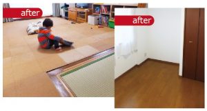 カーペットをフローリングへ変更。お子様がけがをしないように、フローリングの上にコルクのタイルカーペットを敷きました。